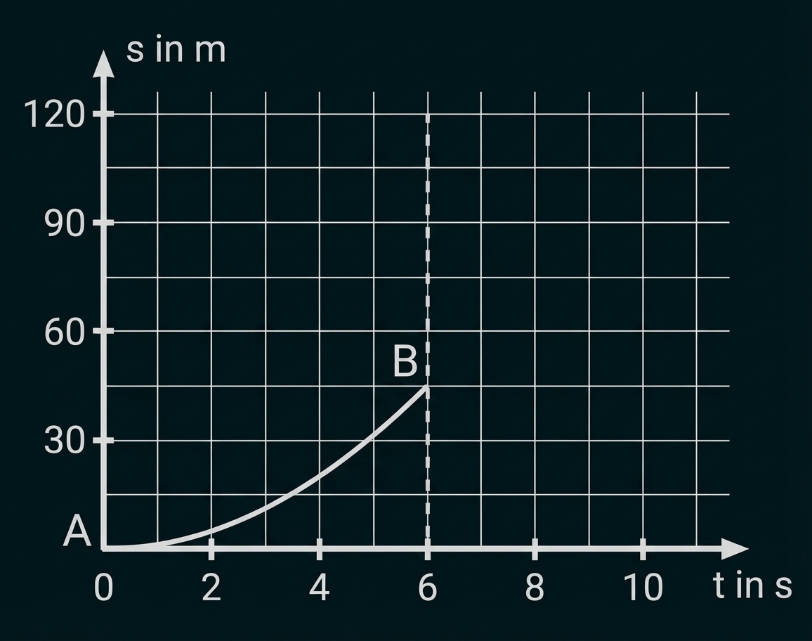 Diagramm: s (m) gegen t (s), ansteigende Kurve von A zu B, gestrichelte Vertikale bei t ≈ 6 s